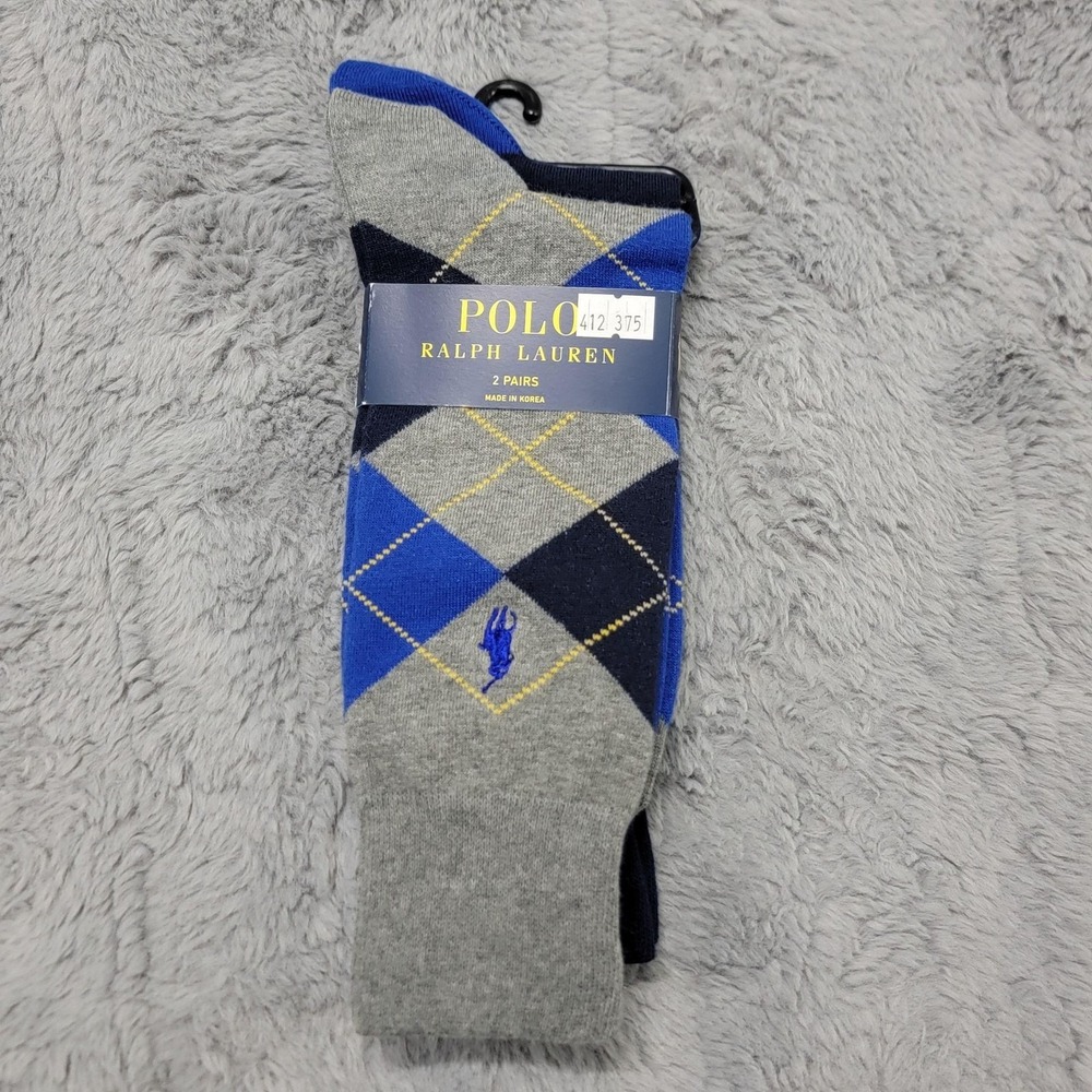 Polo Ralph Lauren Socks Mens 10-13 Blue Gray Argyle Pony Dress 2 Pairs Mid Calf
